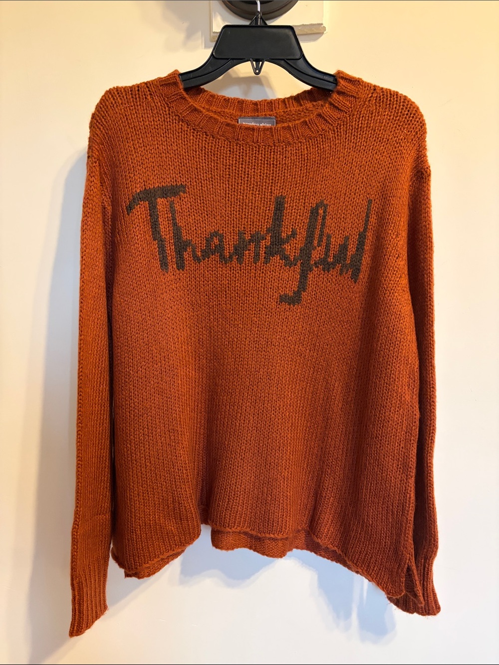 Wooden Ships Thankful Sweater Rust Orange Mohair Wool Blend Graphic Knit S/M